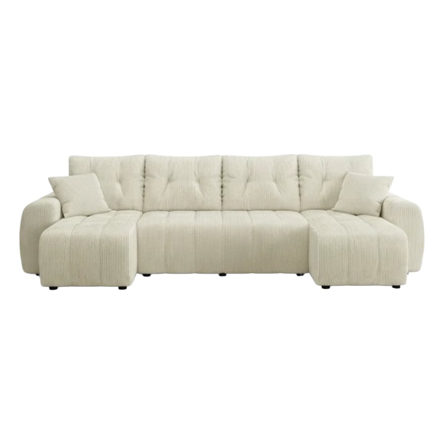 Canap&eacute; panoramique convertible avec coffre en velours c&ocirc;tel&eacute; beige